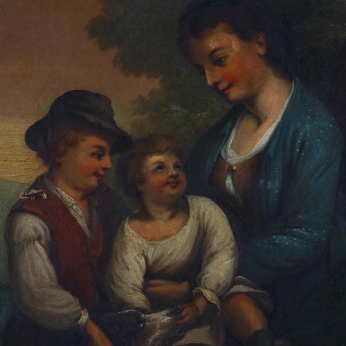 2290 - 19th century oil on canvas, woman and children with a dog, unsigned, 92cm x 71cm, unframed (A/F)