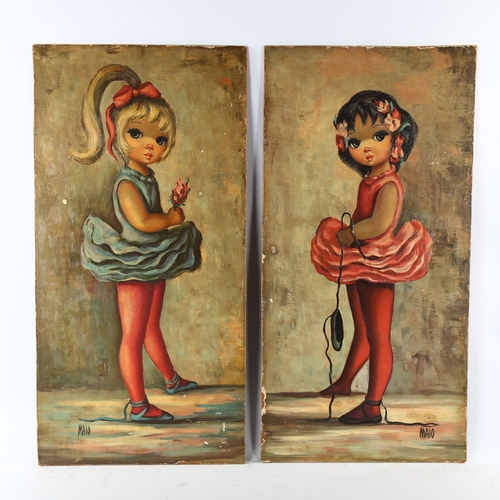 2291 - Maio, pair of mid-20th century oils on board, big eyed girls, 75cm x 38cm, unframed