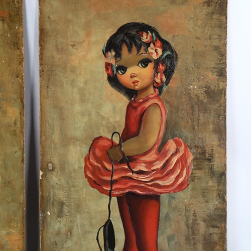 2291 - Maio, pair of mid-20th century oils on board, big eyed girls, 75cm x 38cm, unframed