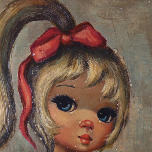 2291 - Maio, pair of mid-20th century oils on board, big eyed girls, 75cm x 38cm, unframed