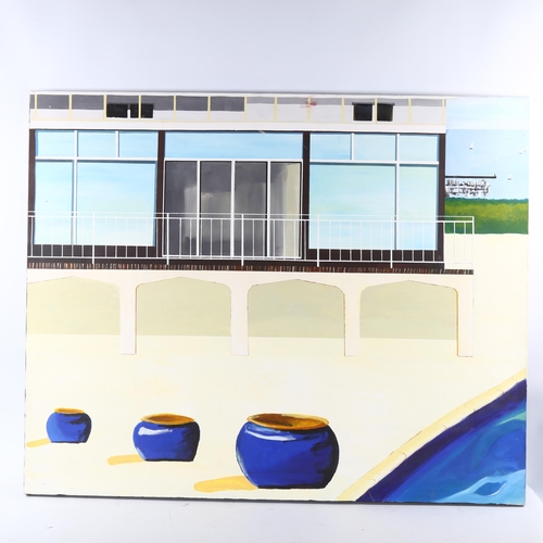 2292 - Sophie Brandon, pair of contemporary oils on canvas, swimming pool scenes, 80cm x 100cm, unframed