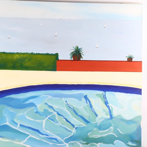 2292 - Sophie Brandon, pair of contemporary oils on canvas, swimming pool scenes, 80cm x 100cm, unframed