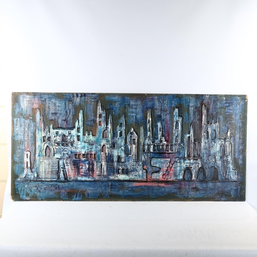 2293 - T Sioni?, impasto oil on panel, cityscape, indistinctly signed, 56cm x 122cm, unframed