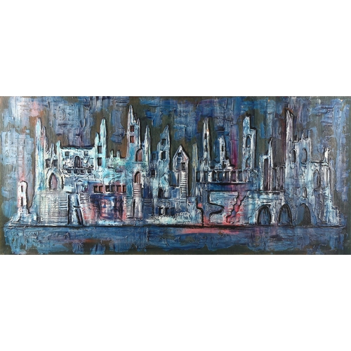 2293 - T Sioni?, impasto oil on panel, cityscape, indistinctly signed, 56cm x 122cm, unframed