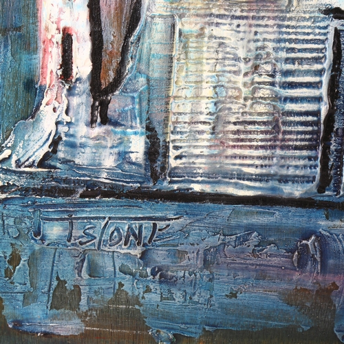 2293 - T Sioni?, impasto oil on panel, cityscape, indistinctly signed, 56cm x 122cm, unframed