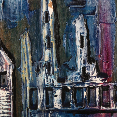 2293 - T Sioni?, impasto oil on panel, cityscape, indistinctly signed, 56cm x 122cm, unframed