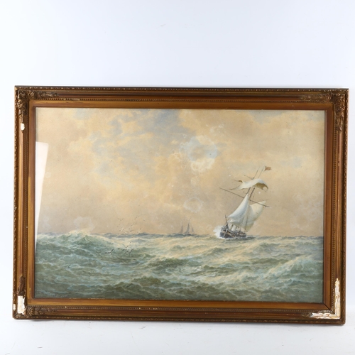 2294 - 19th century watercolour, shipping on rough seas, unsigned, 50cm x 75cm, framed