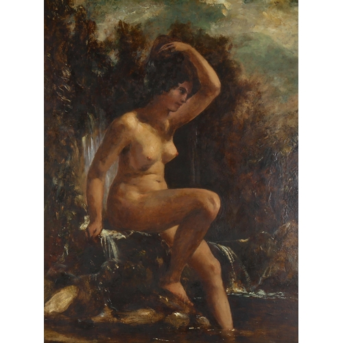 2295 - 19th century oil on wood panel, nude bather at the fountain, unsigned, 65cm x 50cm, framed