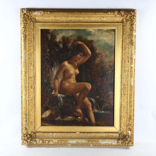 2295 - 19th century oil on wood panel, nude bather at the fountain, unsigned, 65cm x 50cm, framed