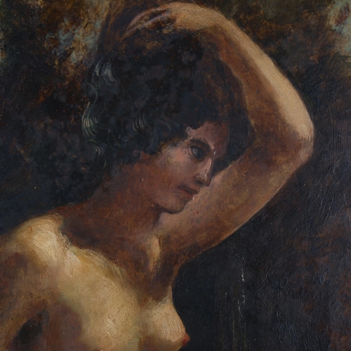 2295 - 19th century oil on wood panel, nude bather at the fountain, unsigned, 65cm x 50cm, framed