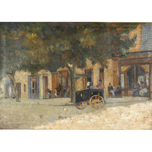 2296 - 19th century oil on canvas, figures outside a cafe, unsigned, 49cm x 69cm, framed