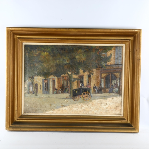 2296 - 19th century oil on canvas, figures outside a cafe, unsigned, 49cm x 69cm, framed