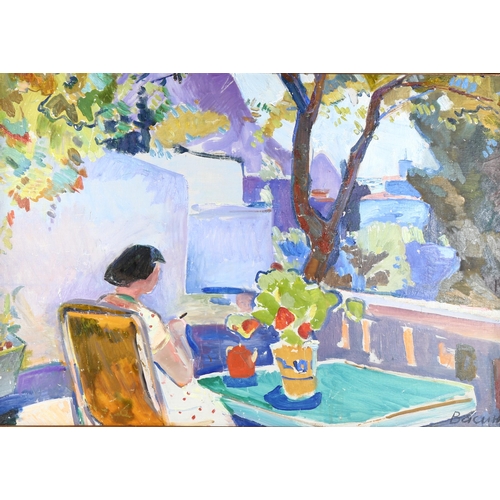 2297 - 20th century Russian School(?), oil on board, figure on a terrace, indistinctly signed Bacutt?, 70cm... 