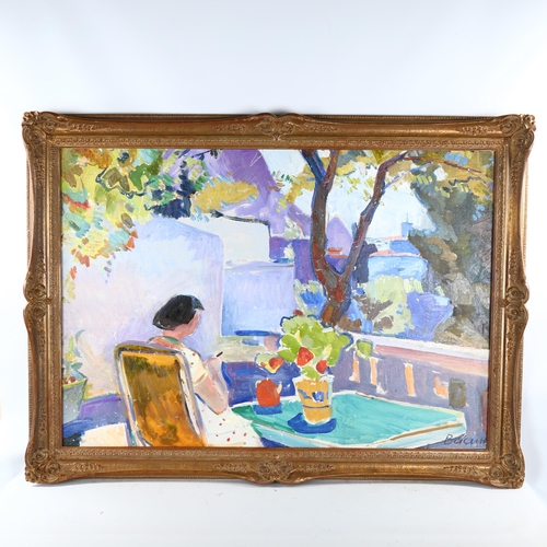 2297 - 20th century Russian School(?), oil on board, figure on a terrace, indistinctly signed Bacutt?, 70cm... 