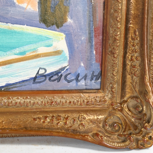 2297 - 20th century Russian School(?), oil on board, figure on a terrace, indistinctly signed Bacutt?, 70cm... 