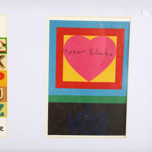 2299 - Peter Blake, 3 postcard prints from the De La Warr Exhibition Bexhill, all signed in pen, mounted in... 