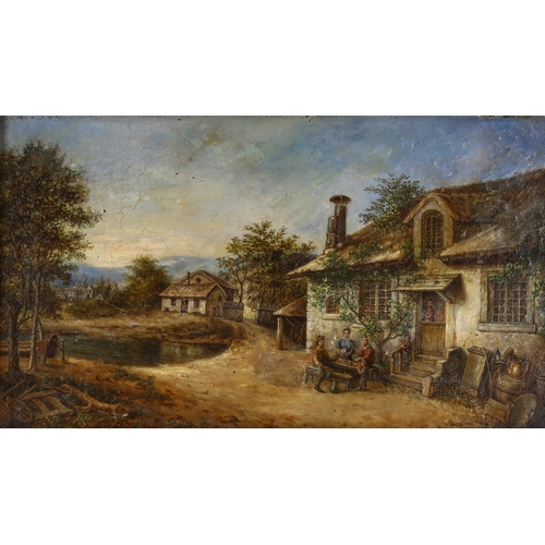 2305 - 19th century oil on canvas, village scene, unsigned, 27cm x 46cm, framed