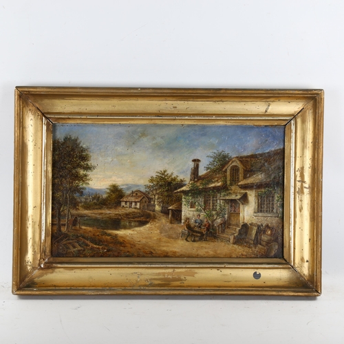 2305 - 19th century oil on canvas, village scene, unsigned, 27cm x 46cm, framed