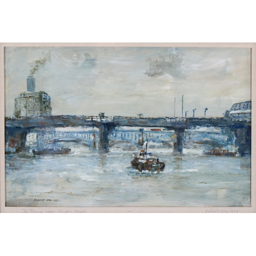 2310 - Robert Hay, oil on board, scene on the Thames, signed and dated 1985, 20cm x 30cm, framed