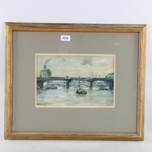 2310 - Robert Hay, oil on board, scene on the Thames, signed and dated 1985, 20cm x 30cm, framed