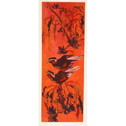 2312 - Mixed media on board, exotic birds, indistinctly signed, 49cm x 17cm, framed