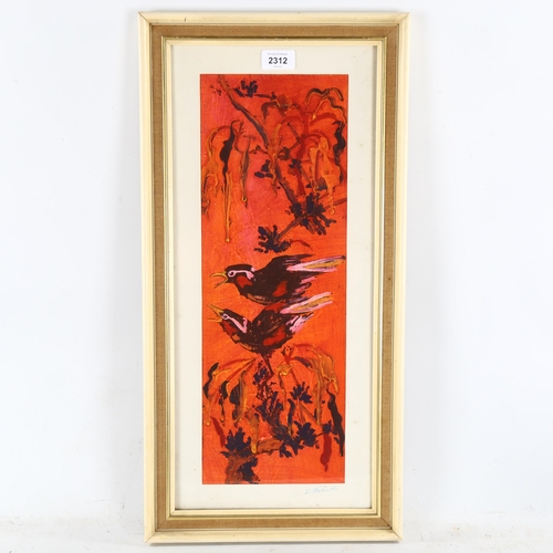 2312 - Mixed media on board, exotic birds, indistinctly signed, 49cm x 17cm, framed