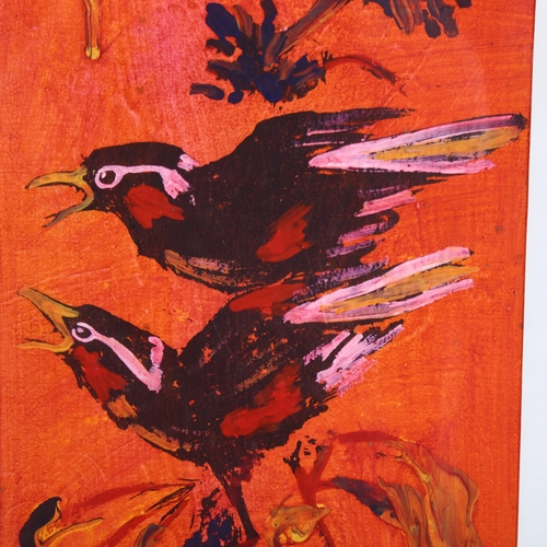 2312 - Mixed media on board, exotic birds, indistinctly signed, 49cm x 17cm, framed