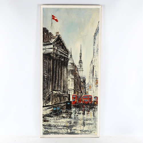 2313 - W Bird, mid-20th century oil on board, London street scene, signed, 90cm x 40cm, framed