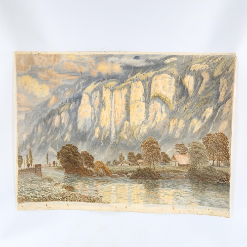 2315 - 19th century watercolour, Swiss mountain river scene, monogram M.I. on bottom edge, sheet size 54cm ... 