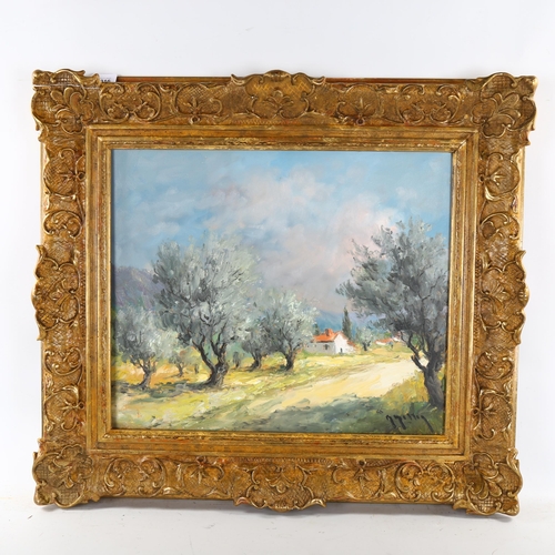 2316 - 20th century oil on canvas, Continental orchard, indistinctly signed, 46cm x 55cm, framed