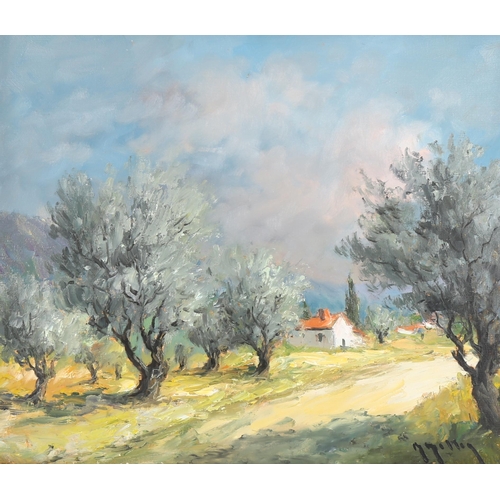 2316 - 20th century oil on canvas, Continental orchard, indistinctly signed, 46cm x 55cm, framed