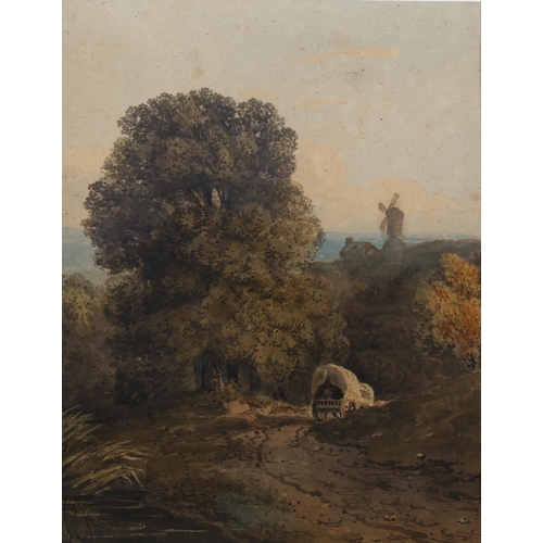 2323 - David Cox, watercolour, cart in landscape, 21cm x 16cm, mounted, Spink & Sons label verso