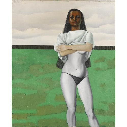 2327 - Ron Dellar, oil on canvas, standing figure, 61cm x 50cm, unframed