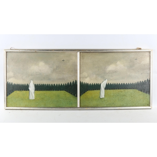 2330 - Ron Dellar, oil on canvas, it's the aeroplane that moves, 1971, inscribed verso, 38cm x 94cm, framed