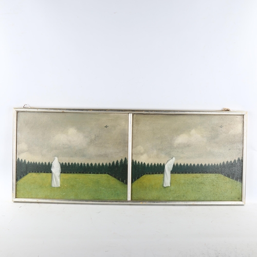 2330 - Ron Dellar, oil on canvas, it's the aeroplane that moves, 1971, inscribed verso, 38cm x 94cm, framed