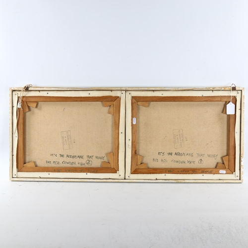 2330 - Ron Dellar, oil on canvas, it's the aeroplane that moves, 1971, inscribed verso, 38cm x 94cm, framed