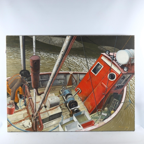 2332 - Ron Dellar, oil on canvas, low tide on the Tillingham Rye 1988, 76cm x 101cm, unframed