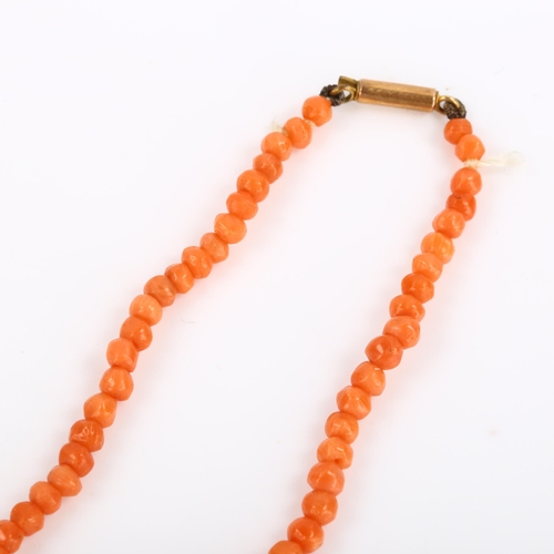 65 - A Victorian graduated coral bead necklace, on 9ct barrel clasp, bead sizes 2.95mm - 1.34mm, necklace... 