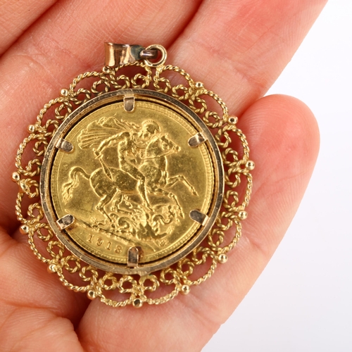 73 - George V 1913 gold full sovereign coin, in 9ct pendant mount, diameter 16.4mm, 11.3g