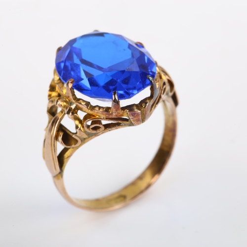 90 - A late 20th century 14ct gold blue synthetic quartz dress ring, setting height 15.4mm, size J, 3.2g