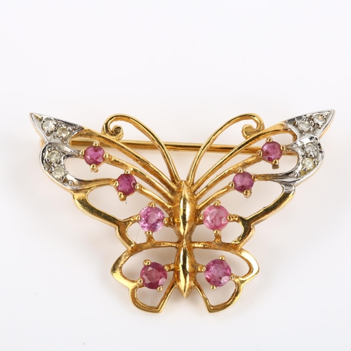 95 - A late 20th century 9ct gold ruby and diamond figural butterfly brooch, openwork settings with round... 