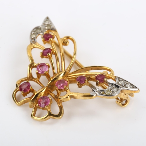 95 - A late 20th century 9ct gold ruby and diamond figural butterfly brooch, openwork settings with round... 