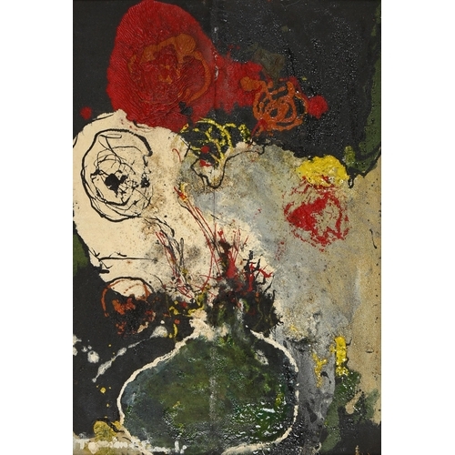 2110 - Mid-20th century oil on board, abstract still life, indistinctly signed, 59cm x 40cm, framed