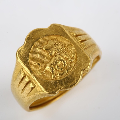 100 - A Chinese gold lion signet ring, stamped with maker's mark, setting height 14mm, size N, 8.3g