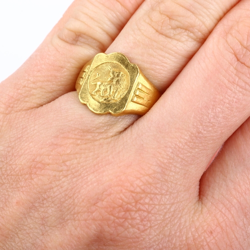 100 - A Chinese gold lion signet ring, stamped with maker's mark, setting height 14mm, size N, 8.3g