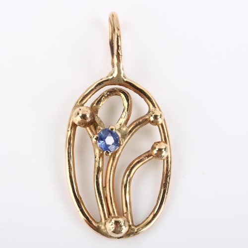 105 - An Art Nouveau style 9ct gold sapphire openwork pendant, set with round-cut sapphire, hallmarks Lond... 