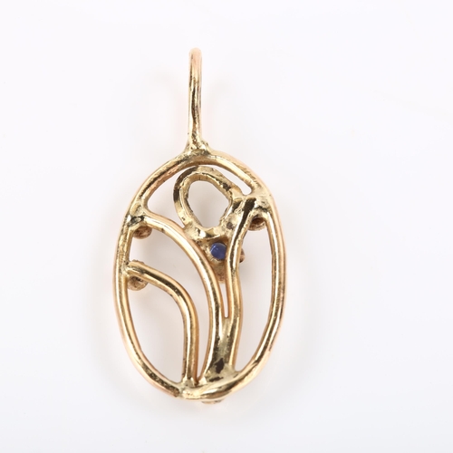 105 - An Art Nouveau style 9ct gold sapphire openwork pendant, set with round-cut sapphire, hallmarks Lond... 