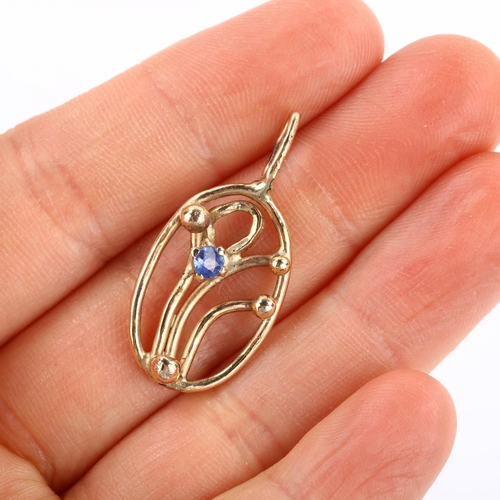 105 - An Art Nouveau style 9ct gold sapphire openwork pendant, set with round-cut sapphire, hallmarks Lond... 