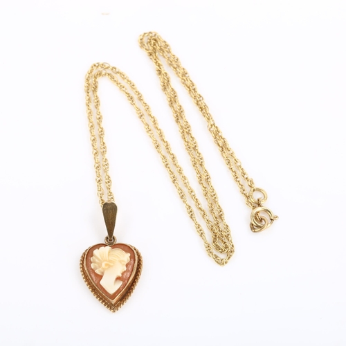 106 - A mid-20th century 9ct gold shell cameo heart pendant necklace, depicting female profile, on 9ct fin... 