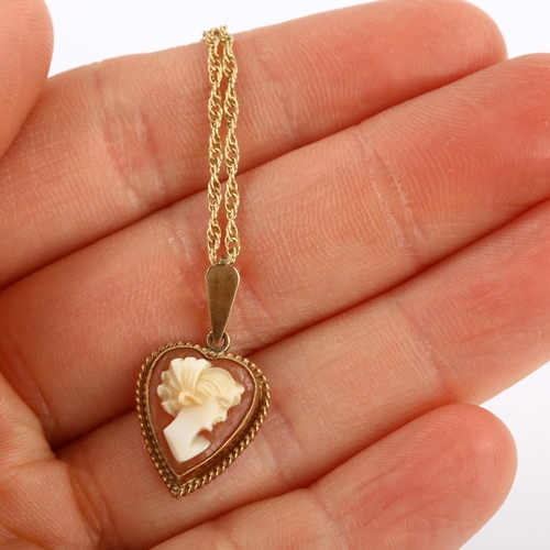 106 - A mid-20th century 9ct gold shell cameo heart pendant necklace, depicting female profile, on 9ct fin... 